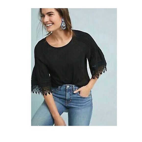 Eri + Ali Anthropologie Black Lace Detailed Knit Sleeves Size Large Fringe Boho - Picture 2 of 10